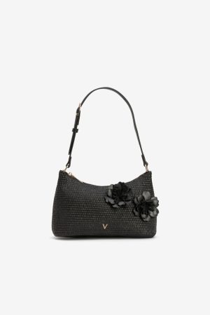Cartera negra flores relieve